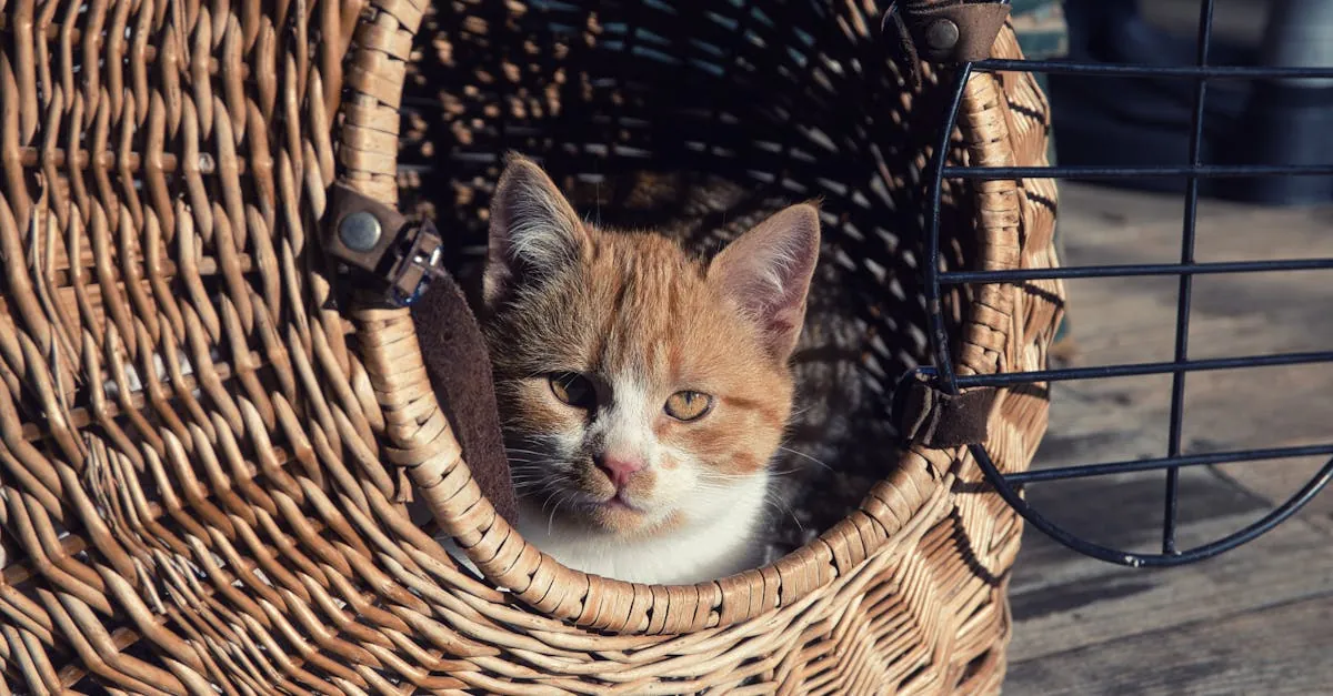 Ginger and white kitten looking out of a wicker basket carrier with a wire door